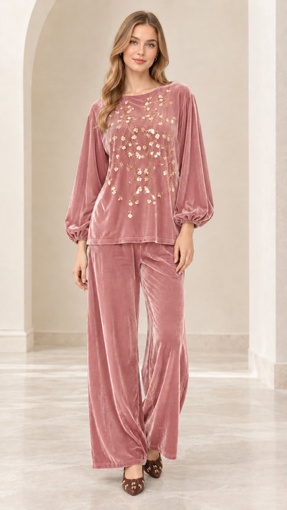 Front view of women's dusty rose pink velvet two-piece set with floral sequins