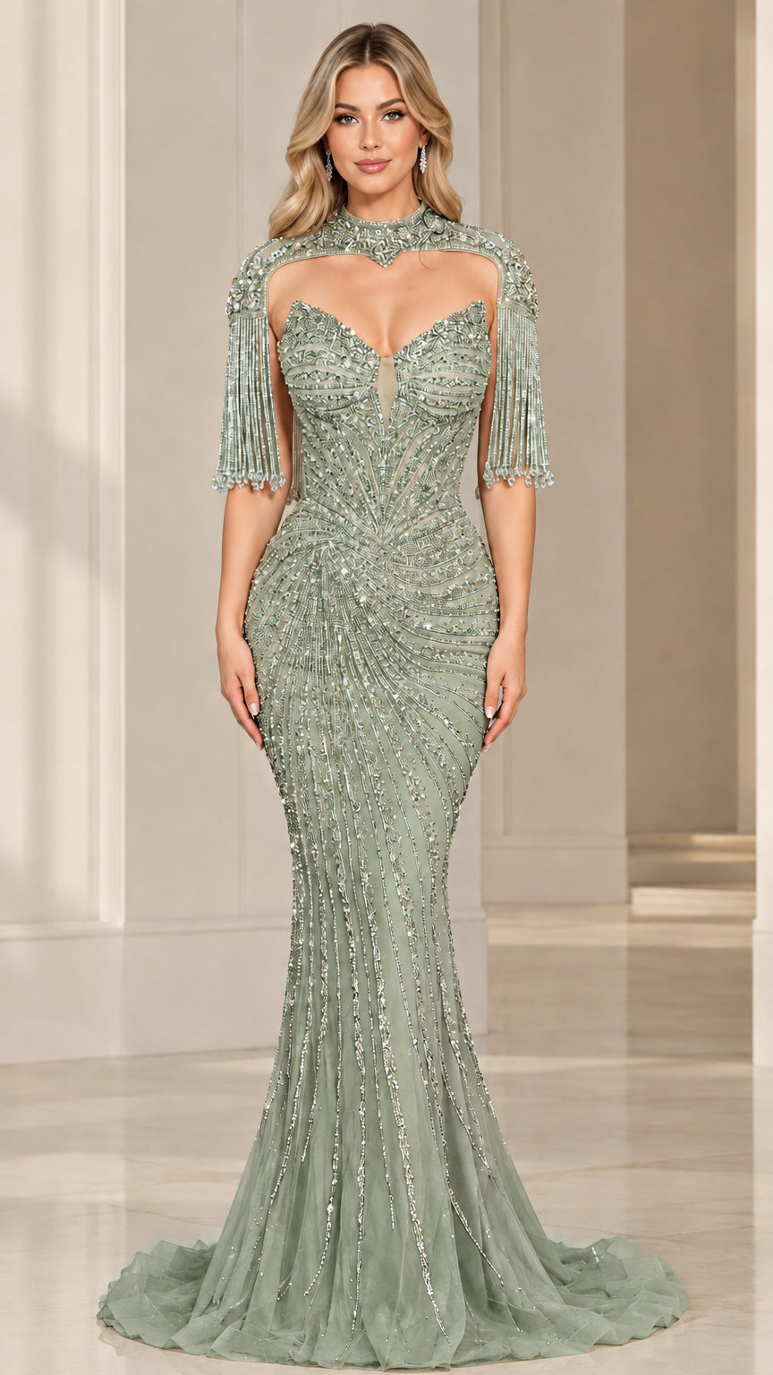 Front view of sage green beaded illusion high neck mermaid formal dress