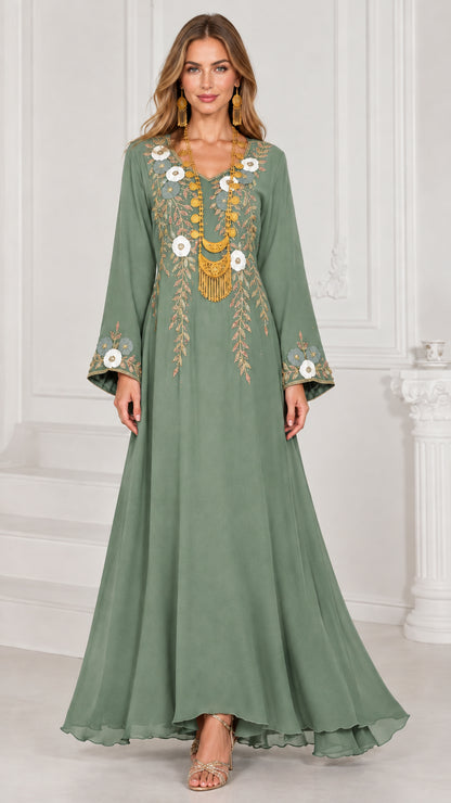 Full-length sage green embroidered kaftan maxi dress with bell sleeves