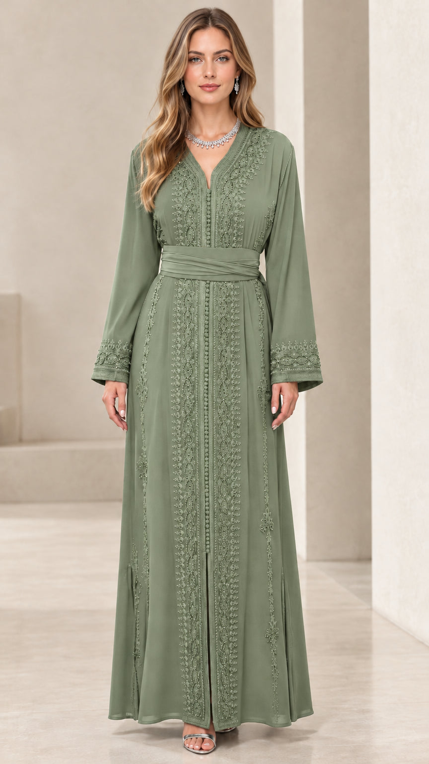 Full front view of sage green long sleeve embroidered kaftan dress