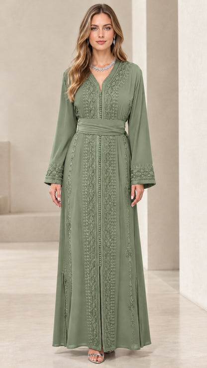Full front view of sage green long sleeve embroidered kaftan dress