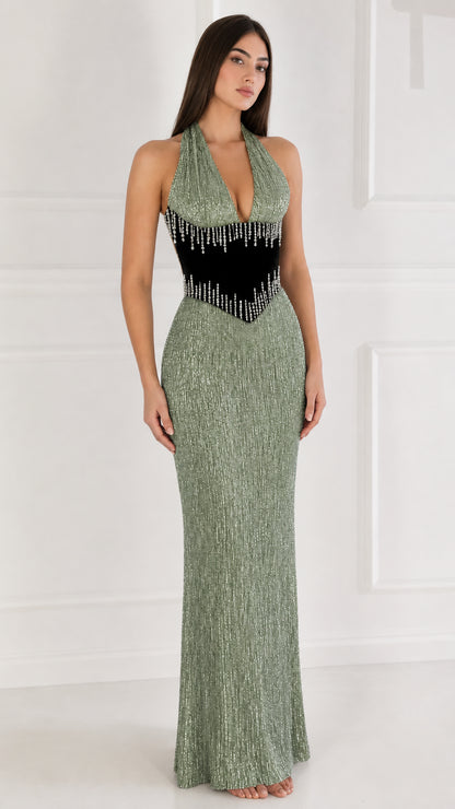 Front view of sage green halter evening maxi dress with rhinestone trim
