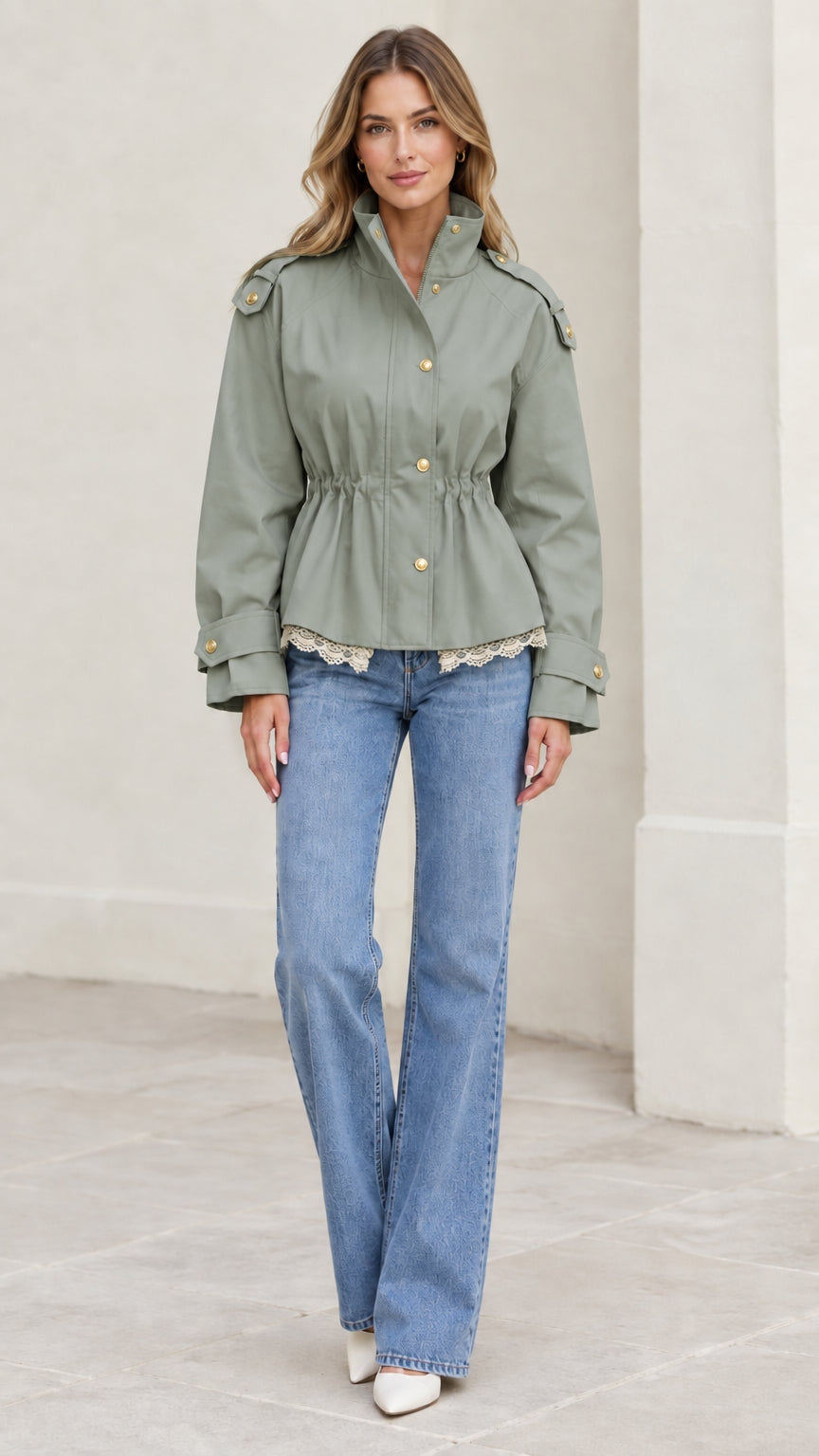 Model wearing sage green cinched waist utility jacket with lace hem
