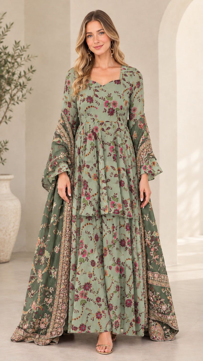 Model wearing sage green floral tiered maxi dress with coordinating scarf