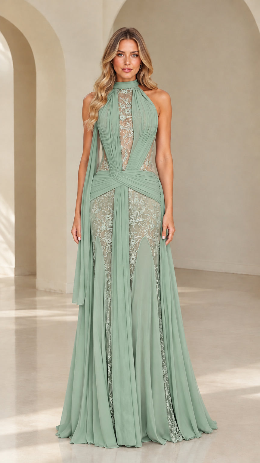 Full-length view of sage green halter lace pleated evening gown