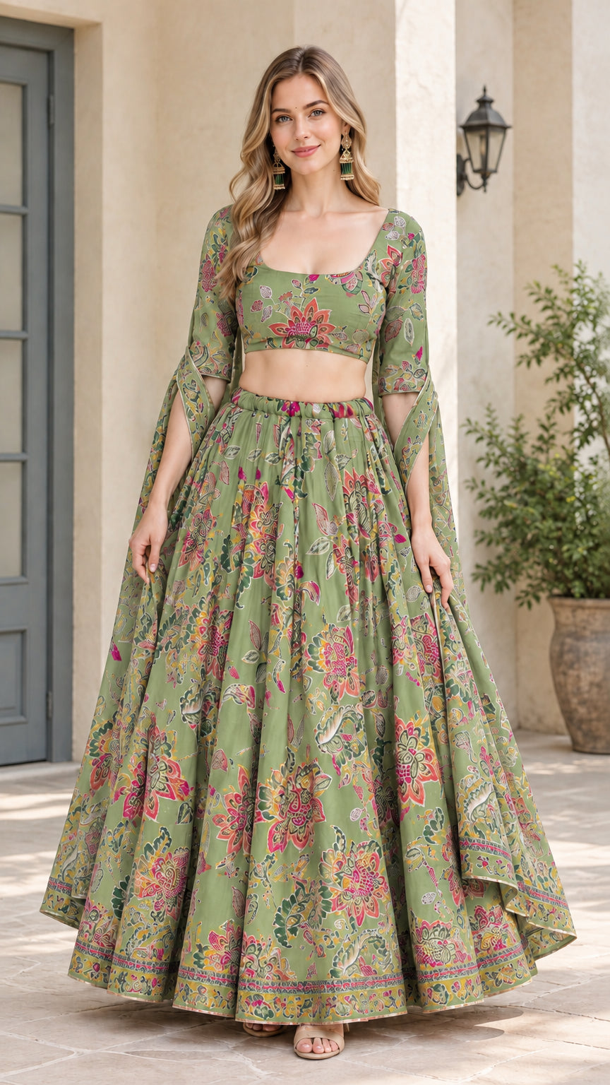 Front view of model wearing Sage Green floral crop top and flared maxi skirt set
