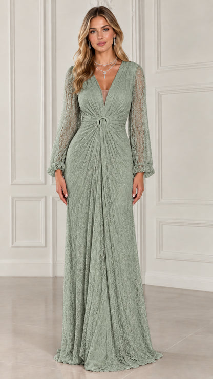 Full-length view of model in Sage Green long sleeve lace evening gown