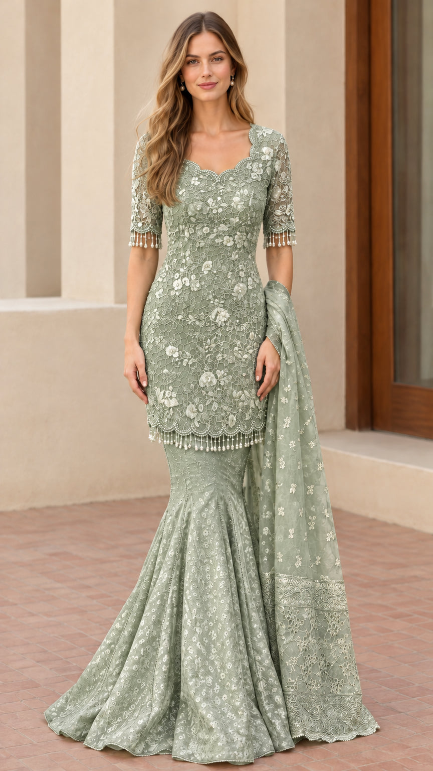 Front view of sage green floral lace mermaid evening dress set with shawl