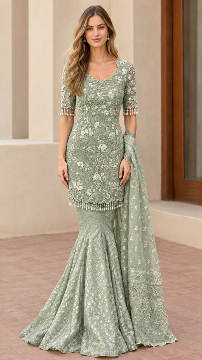 Front view of sage green floral lace mermaid evening dress set with shawl