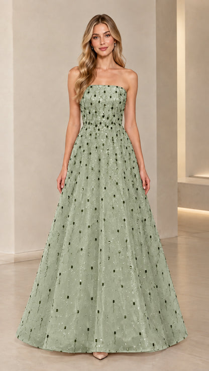 Model wearing Sage Green strapless embellished formal evening gown