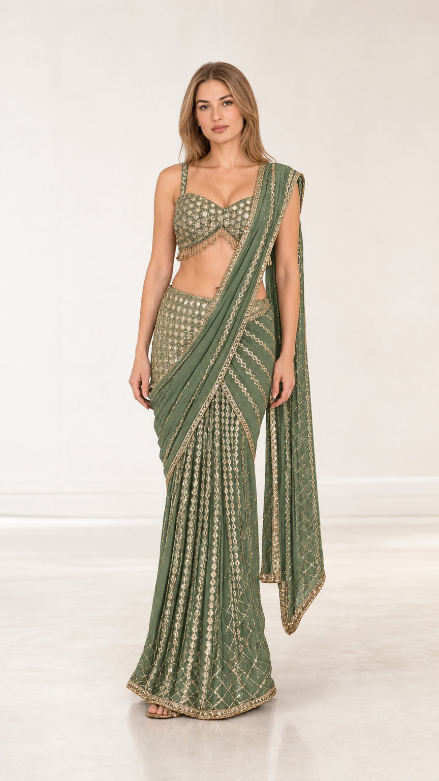 Sage green ready-to-wear sequin embroidered saree set with draped pallu