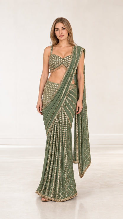 Sage green ready-to-wear sequin embroidered saree set with draped pallu