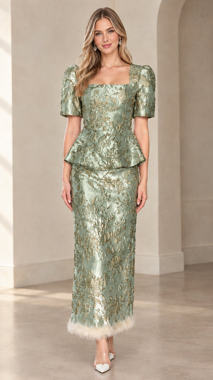 Front view of sage green floral metallic jacquard peplum maxi dress set