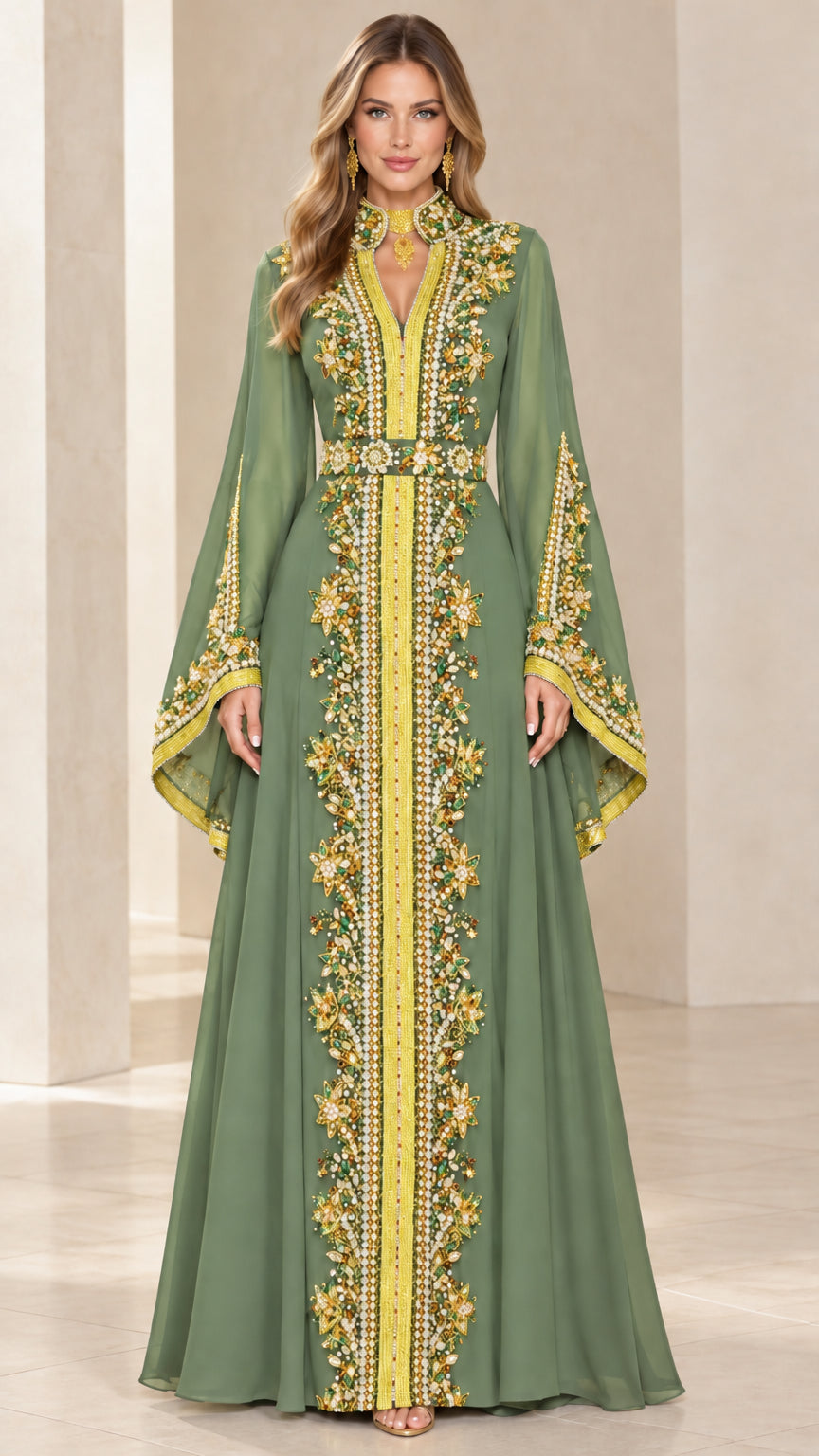 Sage green embroidered bell sleeve caftan maxi evening dress