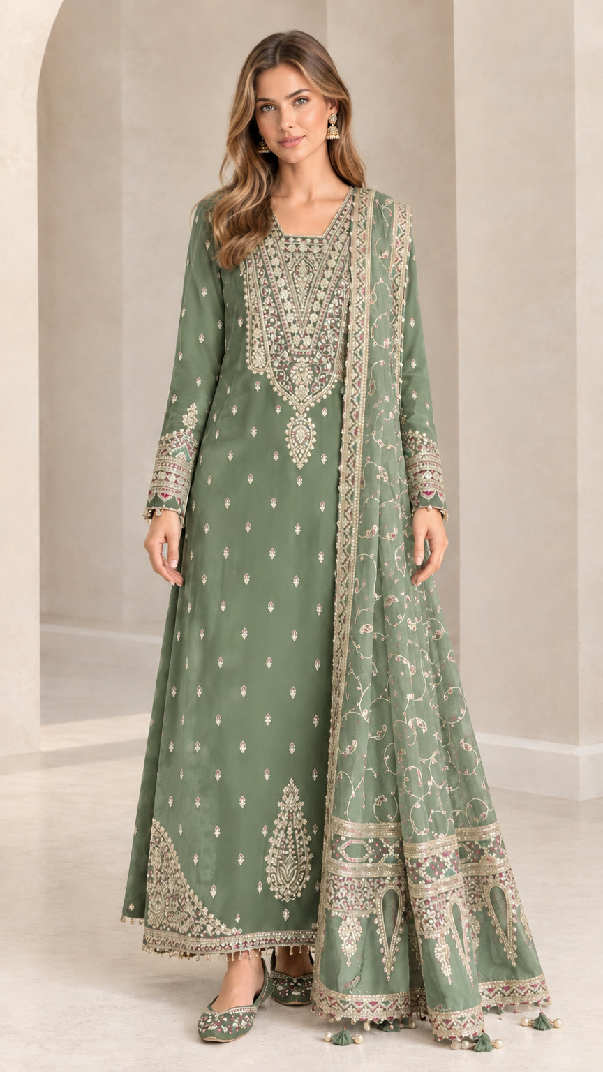 Sage green embroidered longline Anarkali dress set with matching scarf