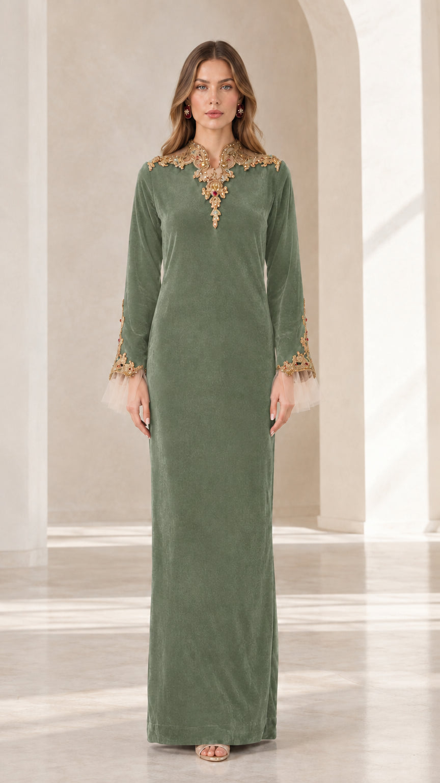 Sage green embroidered long sleeve velvet kaftan evening dress