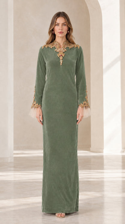 Sage green embroidered long sleeve velvet kaftan evening dress