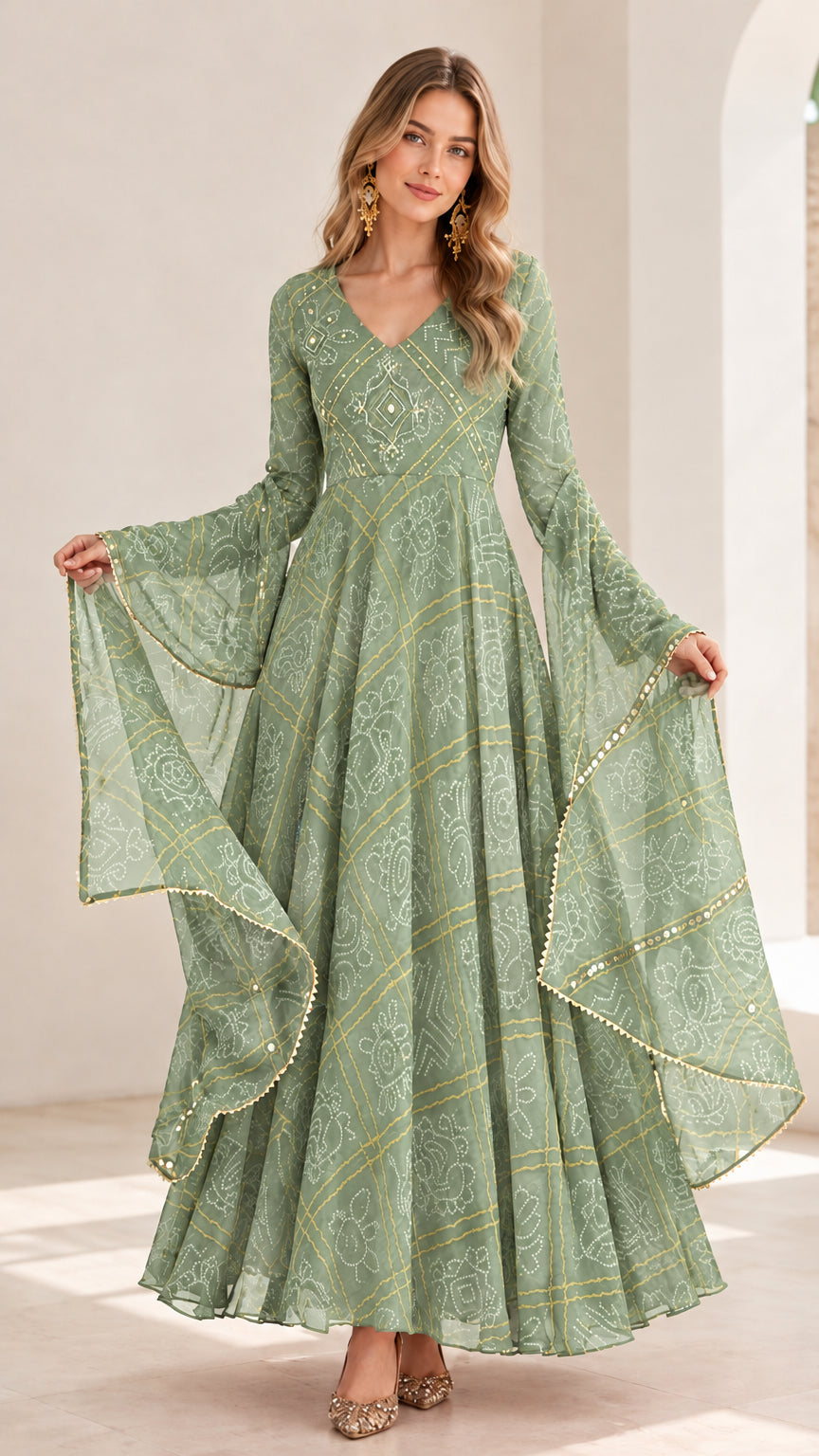 Model wearing sage green printed flared maxi dress with angel sleeves