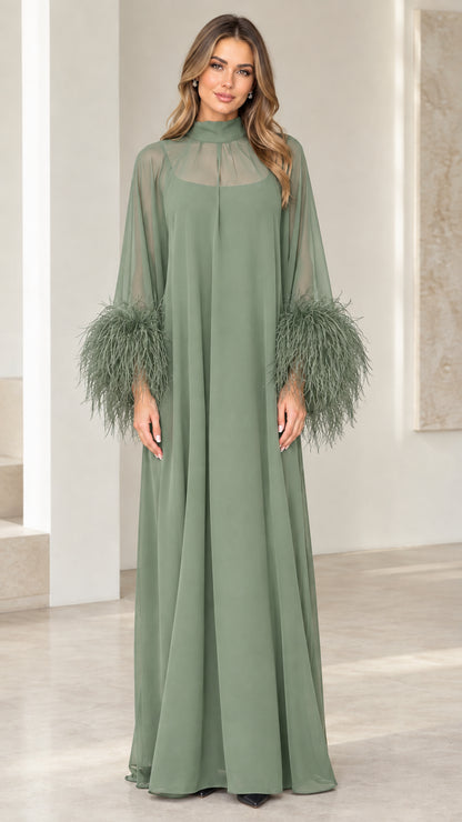 Sage green sheer yoke floor-length evening gown with feather trim cuffs