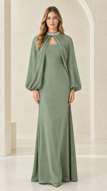 Front view of woman wearing sage green rhinestone neckline cape evening dress