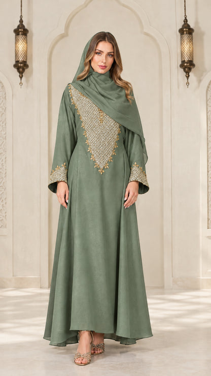 Sage green modest maxi abaya dress with gold decorative embroidery