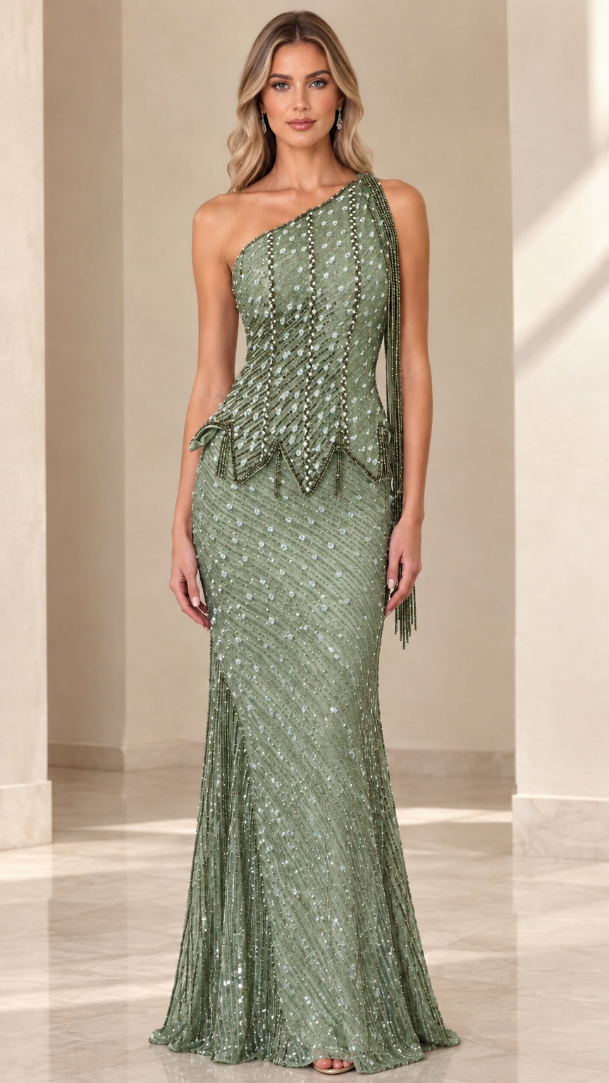 Model wearing Sage Green one-shoulder embellished formal gown