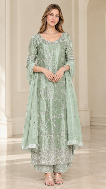Sage Green embroidered 3-piece kurta palazzo ensemble with sheer dupatta