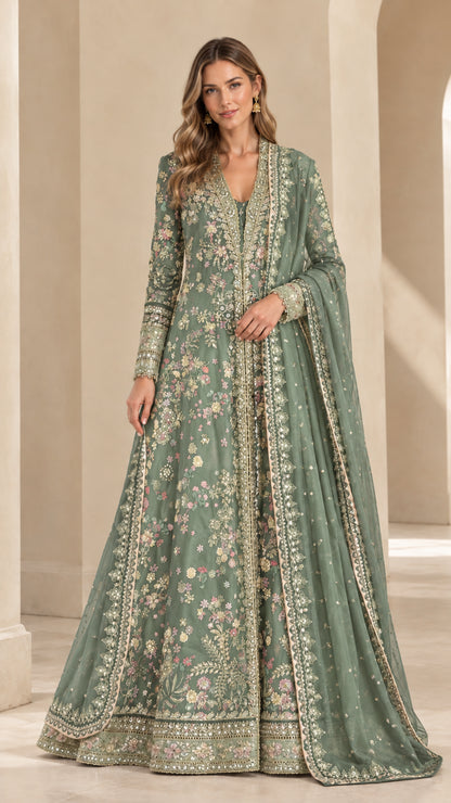 Front view of sage green floral embroidered floor-length gown set