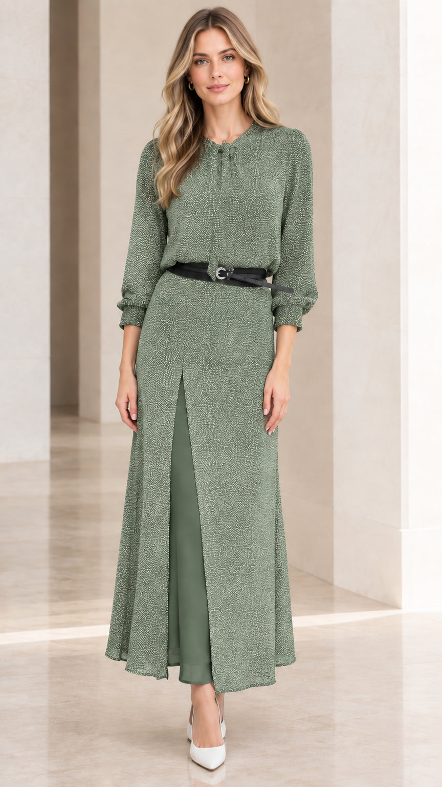 Sage green belted long sleeve maxi dress with layered front slit