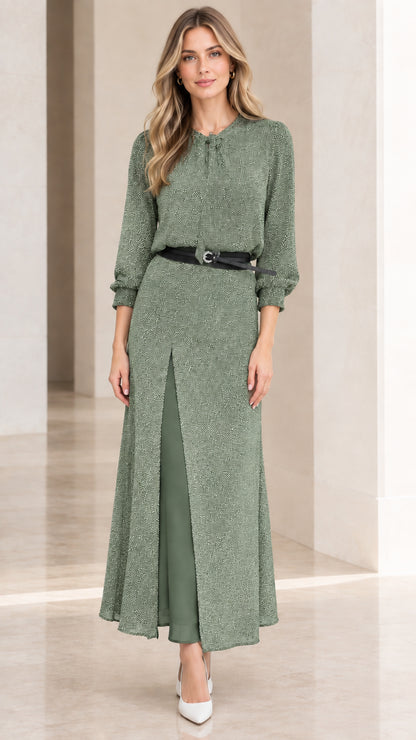 Sage green belted long sleeve maxi dress with layered front slit