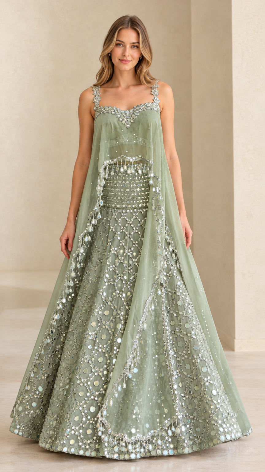 Sage green sequined cape overlay evening gown with delicate beadwork