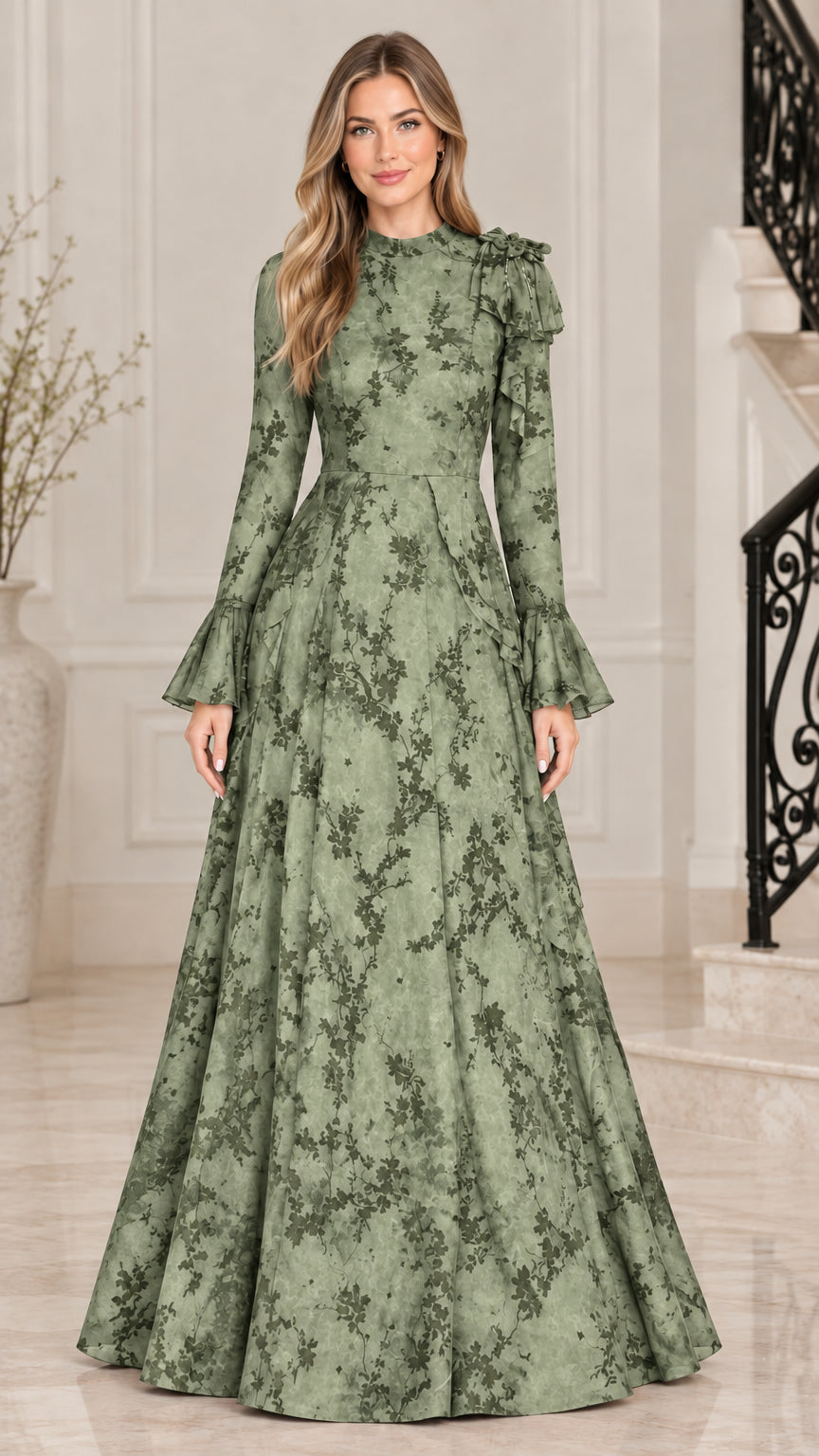 Sage Green floral jacquard long sleeve formal gown