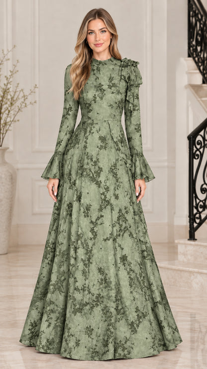 Sage Green floral jacquard long sleeve formal gown