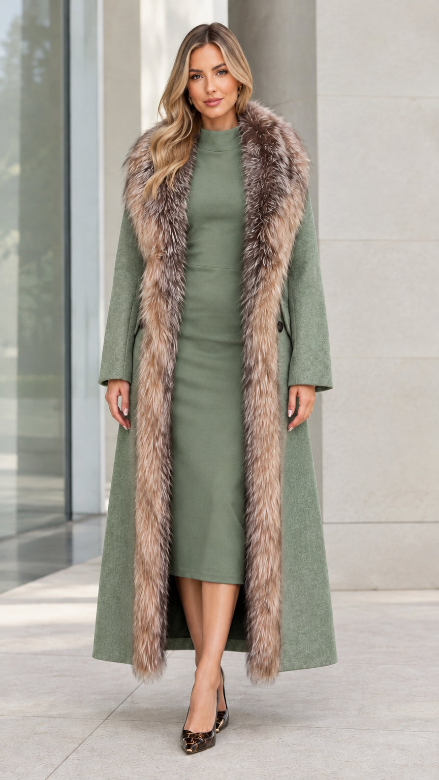 Women's sage green maxi coat with multi-tone faux fur collar trim