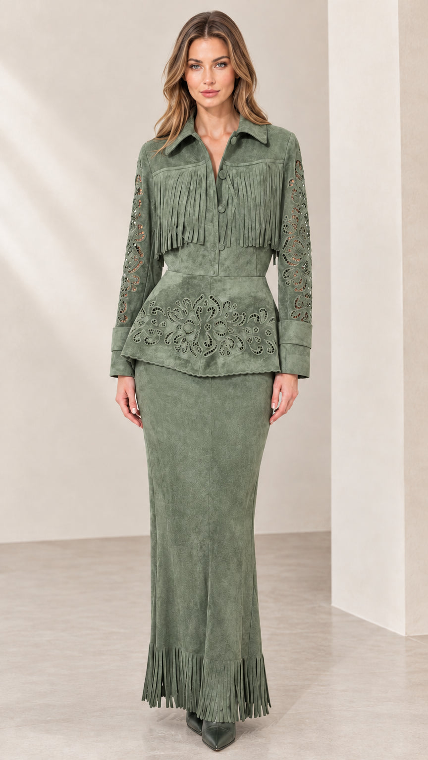 Full front view of sage green fringe faux suede peplum jacket and maxi skirt set
