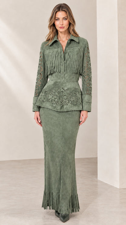 Full front view of sage green fringe faux suede peplum jacket and maxi skirt set