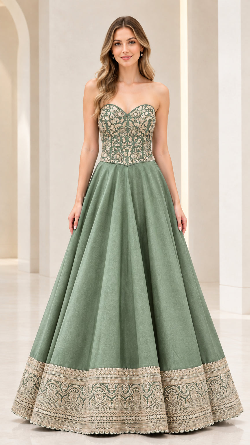 Sage green strapless formal evening gown with embroidered bodice and hem