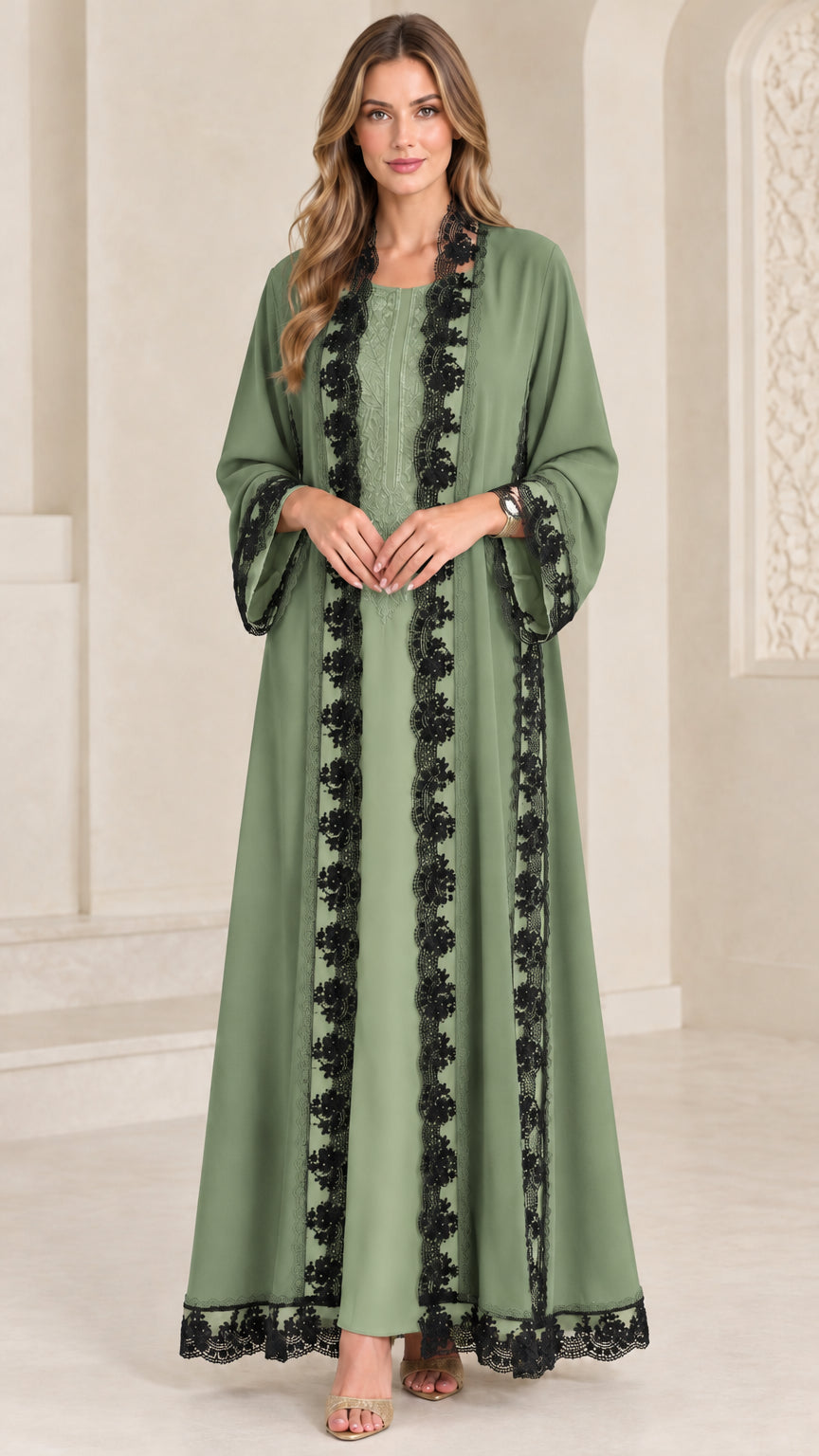 Sage green two-piece abaya maxi dress set with black lace border