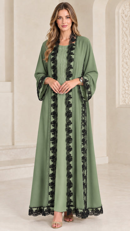 Sage green two-piece abaya maxi dress set with black lace border