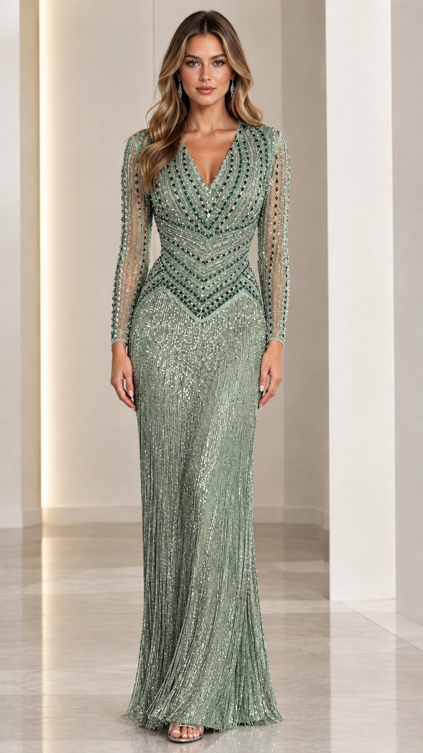 Front view of sage green embellished long sleeve evening dress