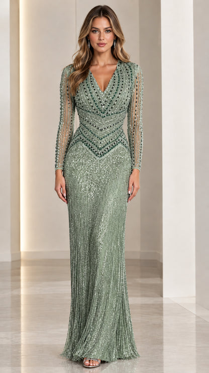 Front view of sage green embellished long sleeve evening dress