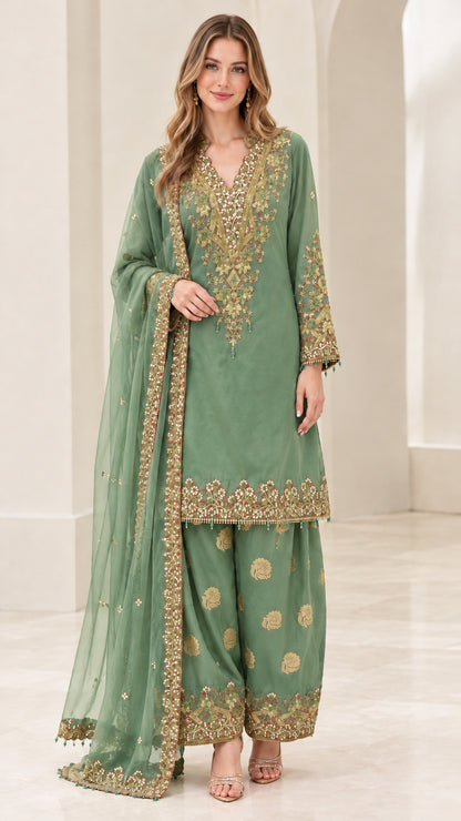 Front view of women's sage green embroidered kurta palazzo suit set with dupatta