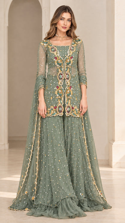 Sage green embroidered sequin tunic and flared sharara set