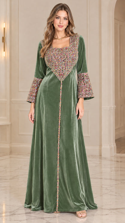Sage Green embroidered velvet long sleeve maxi dress front view