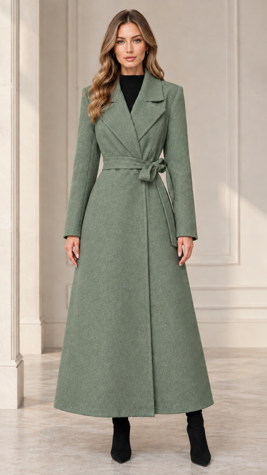 Front view of woman wearing the sage green belted maxi wrap coat