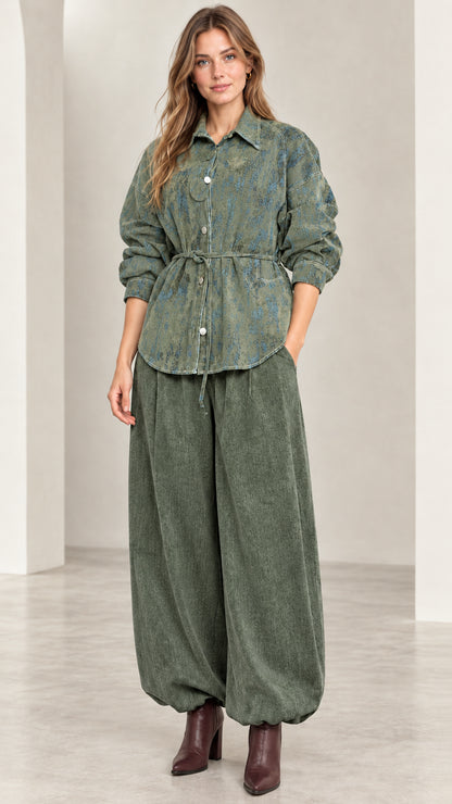 Model wearing Sage Green abstract print tie-waist button-down shirt jacket