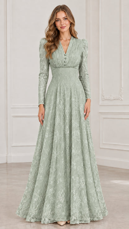 Front view of long sleeve sage green floral lace maxi formal dress