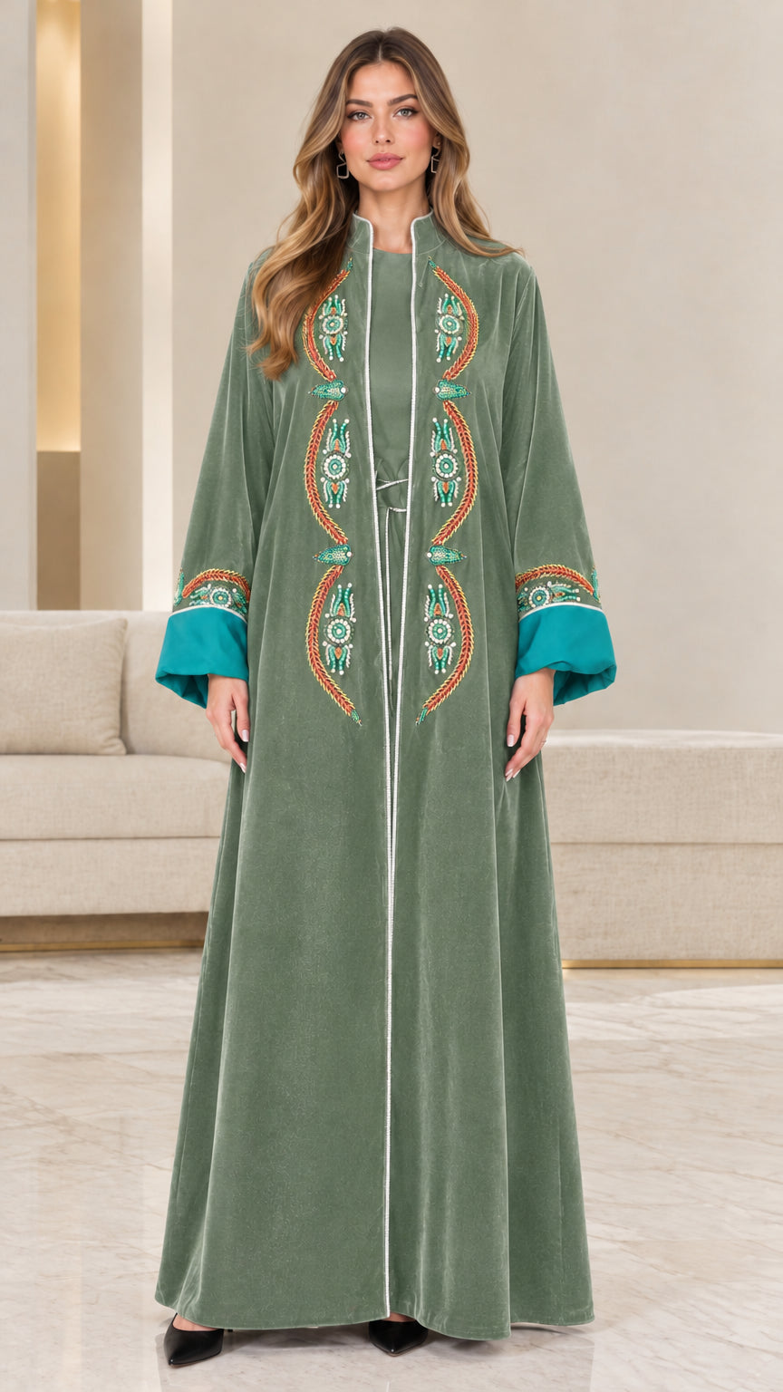 Sage green velvet embroidered open-front abaya with contrast sleeves