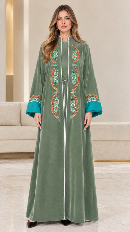 Sage green velvet embroidered open-front abaya with contrast sleeves