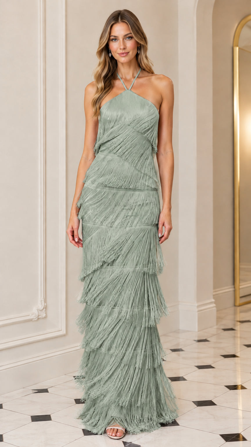 Model wearing Sage Green tiered fringe backless maxi evening dress